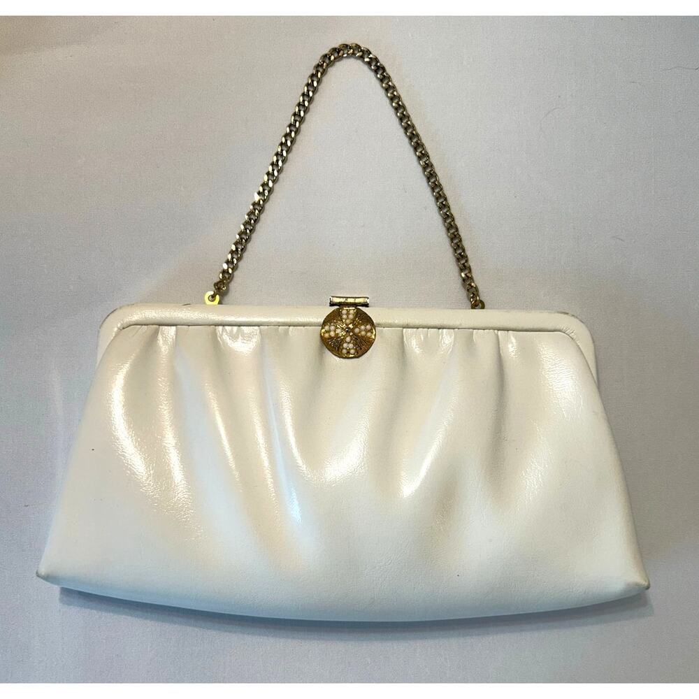 Vintage Ande 1960 White‎ Leather Clutch With Gold Chain And Accents